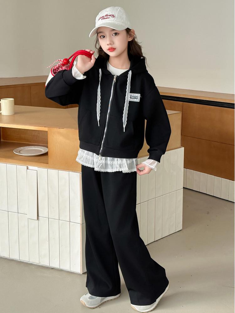 2025 Новый стиль Толстовка с капюшоном для девочек и брюки с широкими штанинами Комплект из двух предметов на весну и осень
