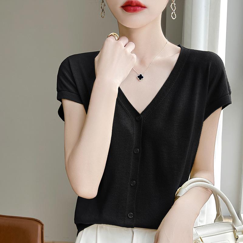 Новый летний стиль шерстяной кардиган тонкий V-образный вырез обычный свитер женский трикотаж