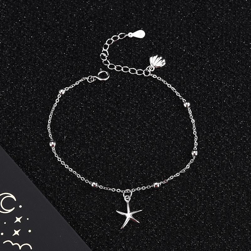 S925 Sterling Silver Japanese and Korean Style Starfish Shell Bracelet Literary Simple Style Round Bead Design Star Bracelet