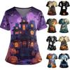 Женский Хэллоуинский Принт V-образный вырез Двойной карман Короткий рукав Разрез по подолу Топ для униформы/сиделки