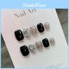 Short Fake Nail Decals With Black Sparkling Water Diamoans And Star Motifs For Cute And Trendy Nail Looks