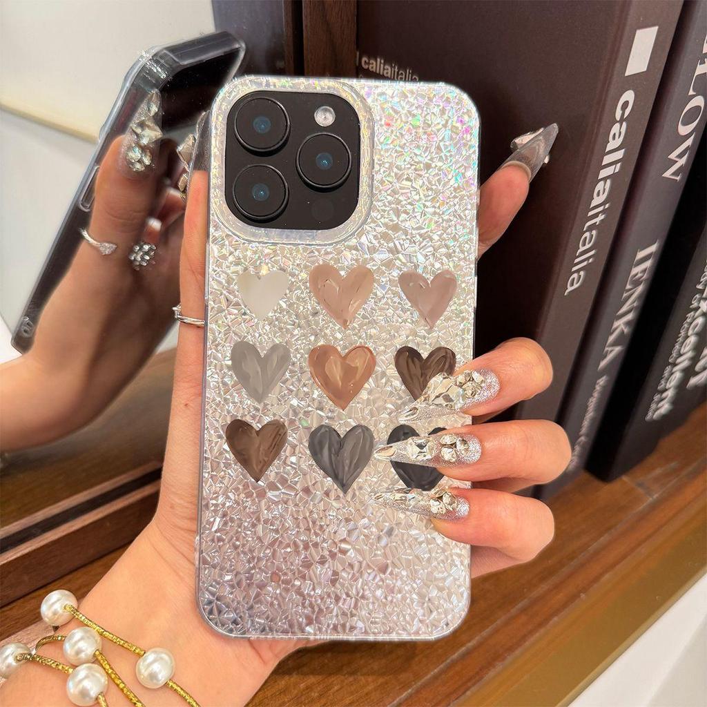 Colorful Heart Combo Case for iphone 17 Pro 16 Plus XS Max 13 14 11 Air 15 12 18 Pro Max XR Silver Crushed Foil Cover
