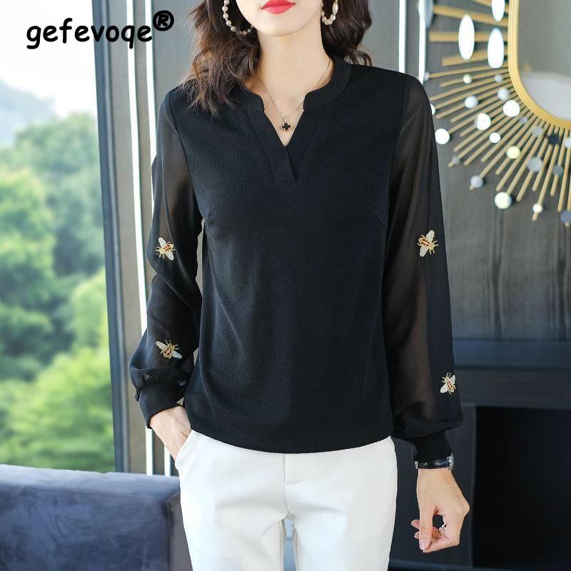 Корейская элегантная модная газовая свободная футболка с v-образным вырезом и длинными рукавами, черная лоскутная однотонная повседневная женская одежда на весну и осень