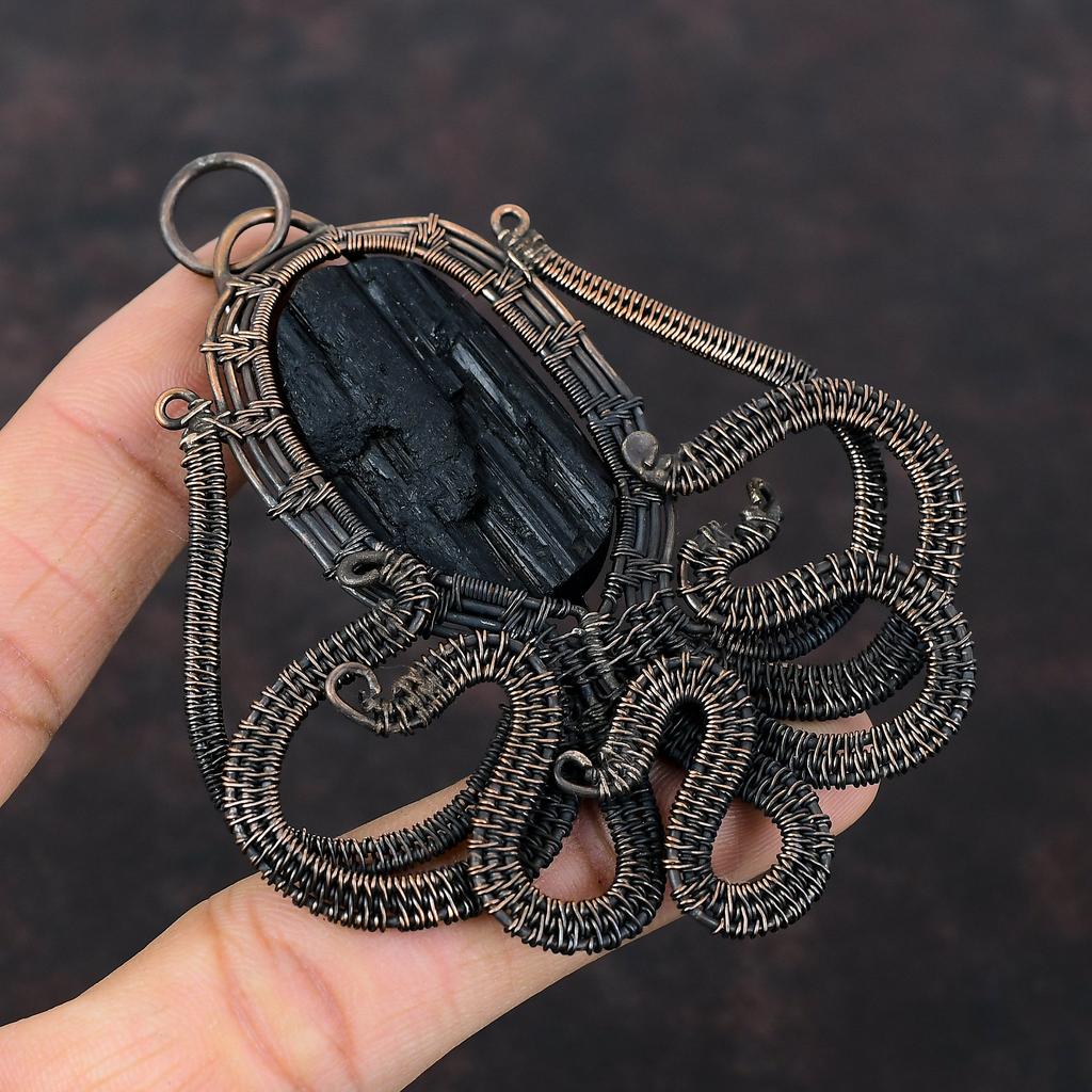 Black Tourmaline Rough Pendant Copper Wire Wrapped Pendant Octopus Pendant Antique Copper Jewelry Handmade Pendant Gemstone Pendant For Gift