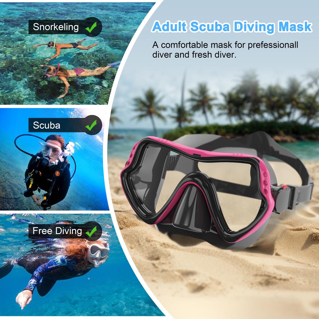 Diving Mask Swimming Goggles Scuba Snorkel Silicone Skirt Tempered Glass Panoramic HD for Adult Youth Anti-Fog with Nose Cover