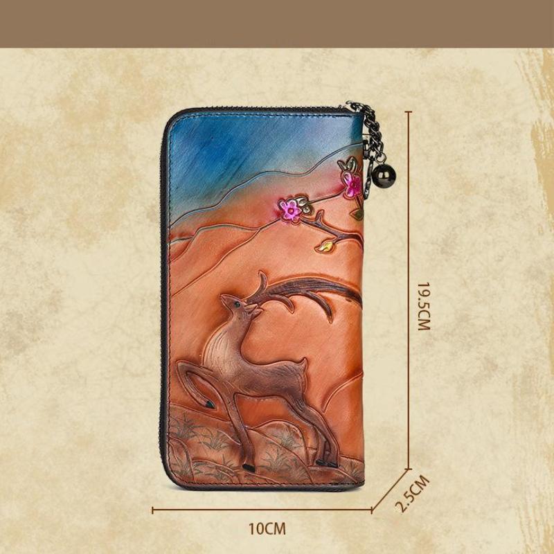 Johnature Vintage Wallet Genuine Leather Deer Head Embossed Women Long Wallets Natural Real Cowhide Hand Purse