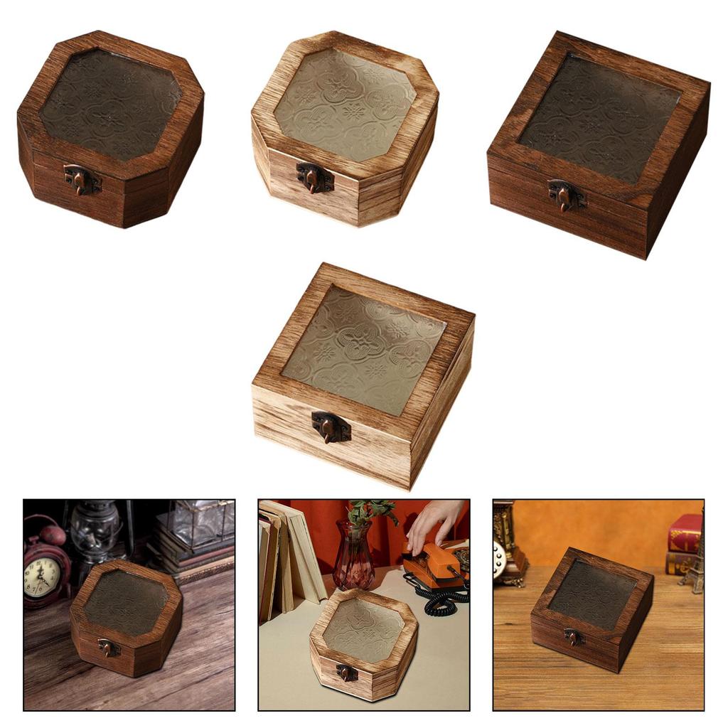 Wooden Storage Box Ornament,with Glass Lid Organizer,Keepsake Box Stashbox for Bedroom Entryway Kitchen Living Room Jewelry