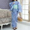 RAVIR Yukata with Watercolor Blue Fluffy Obi and Geta One Size Fits All Women's 3-Piece Set, Gray, Flowers, Belt, Sandals, Blue,