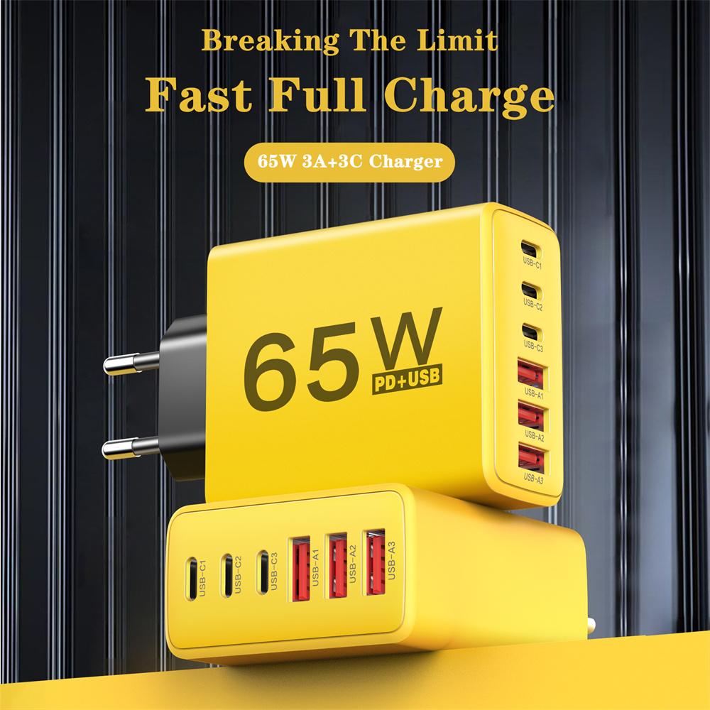 65W 6 Ports USB C Charger Fast Charging Quick Phone Charger Adapter For iPhone 15 16 Pro Samsung Xiaomi QC3.0 USB C Wall Charger