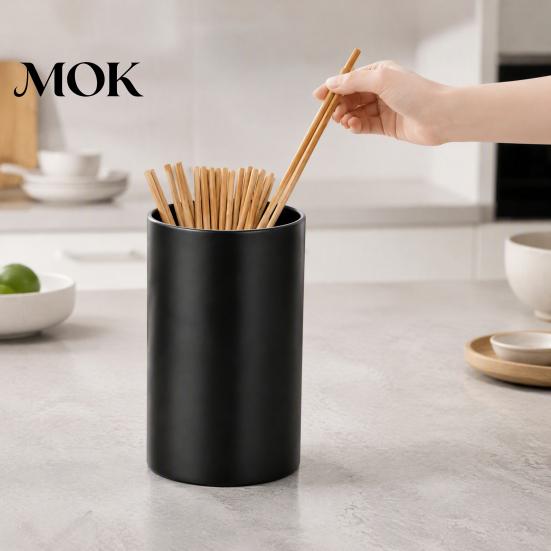 Easy Access Utensil Bin Stainless Steel Chopstick Holder, Matte Black Organizer, Large Sturdy Metal Cutlery Stand Capacity Durable Storage Barrel for