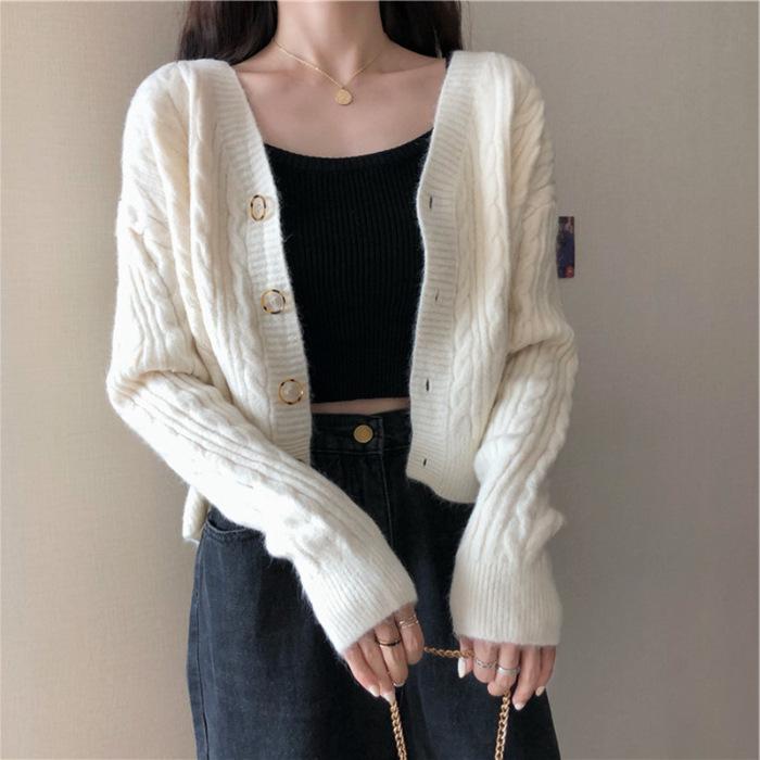 Autumn Design Sweater Twist V-Neck Short Long Sleeve Top Versatile Knitted Cardigan Loose Wind Jacket Women's Clothing