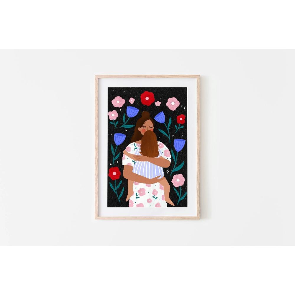 Motherhood Art Print Canvas Painting Young Mum Poster Maternal Love Floral Illustration Nursery Kids Room Decoration
