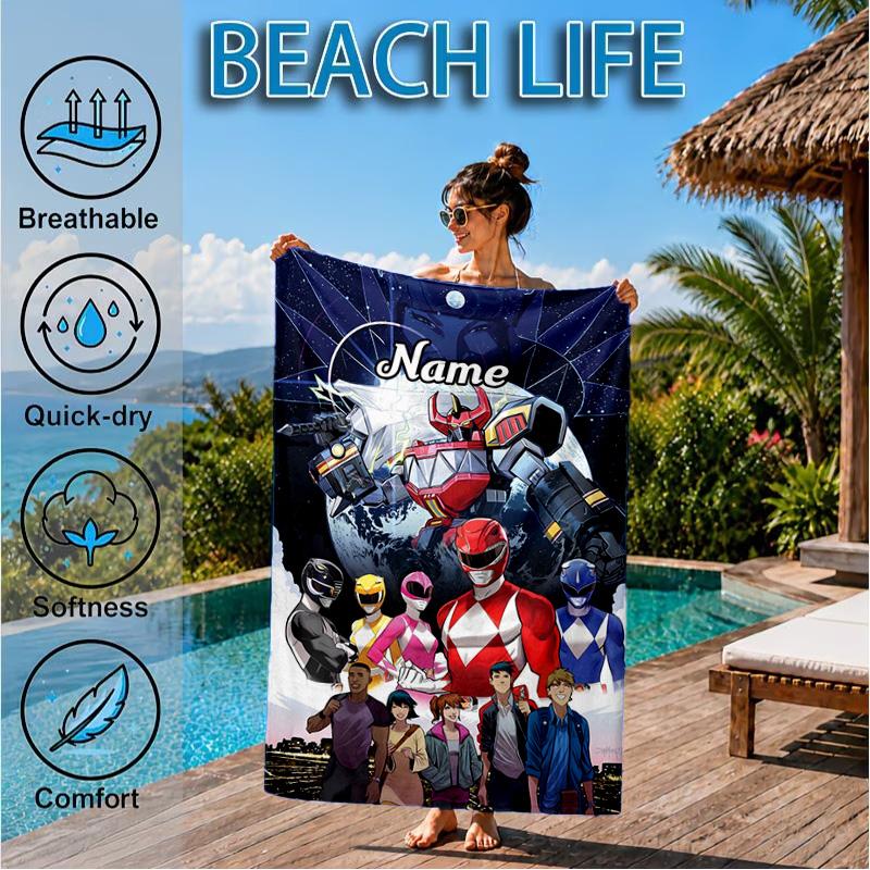 Custom Name Power Rangers City Adventure Beach Towel Microfiber Beach Towel, Lightweight and Quick-Dry, for Summer Travel, Swimming Pool Gift