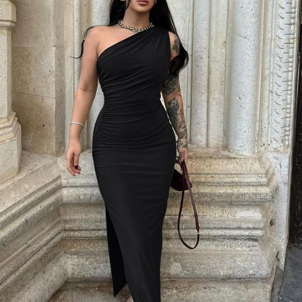 Женское модное однотонное платье на одно плечо без рукавов с плиссировкой и разрезом, с характером