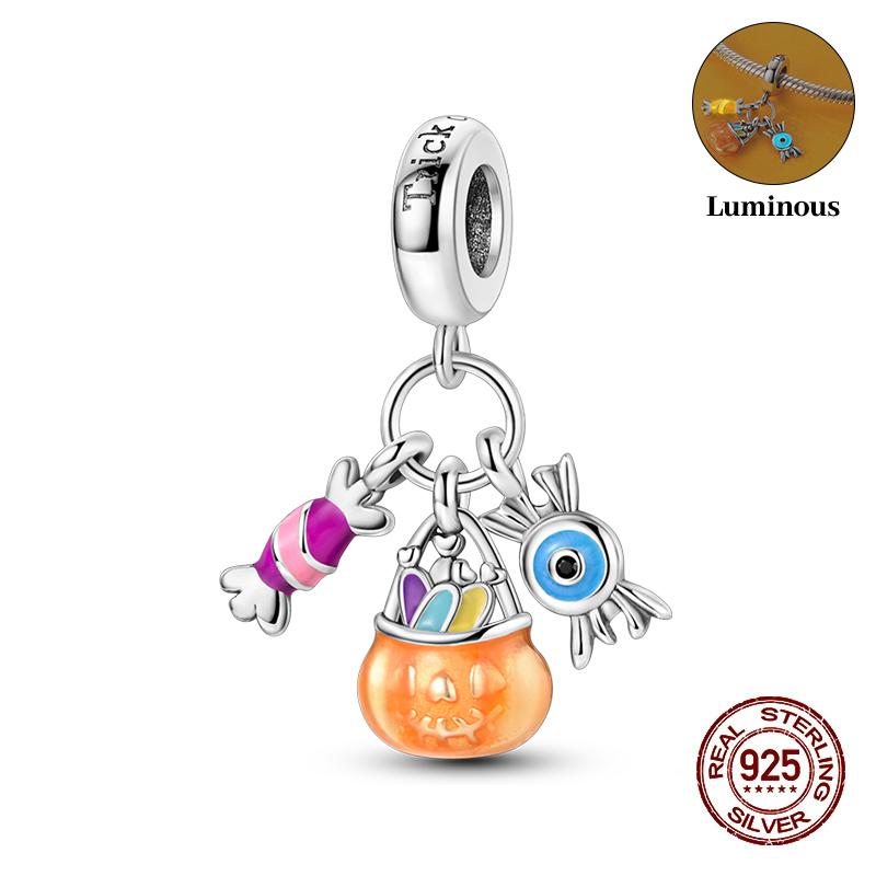 Halloween Charms Bead Copper Luminous Pumpkin Ghost Dangle Fit Bangle Bracelet Necklace Diy Jewelry