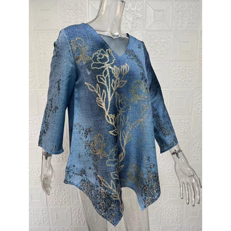 Весна Лето V-образный вырез Принт Мода Женская Блузка Новая Повседневная Свободная Необычная Топ Футболка Большого Размера Простая Элегантная Офисная Рубашка Женская Одежда