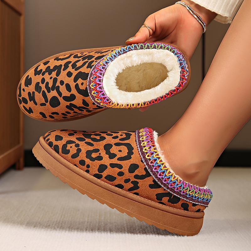 Мода 2024 года, модная зимняя обувь с леопардовым принтом, женские удобные теплые плюшевые зимние ботинки, женские туфли больших размеров на плоской подошве из хлопка