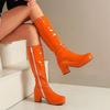 Женские сапоги конфетного цвета из лакированной кожи, белая боковая молния, сапоги до колена, круглый носок, квадратный каблук, размеры 34-43, желтый, фиолетовый, оранжевый