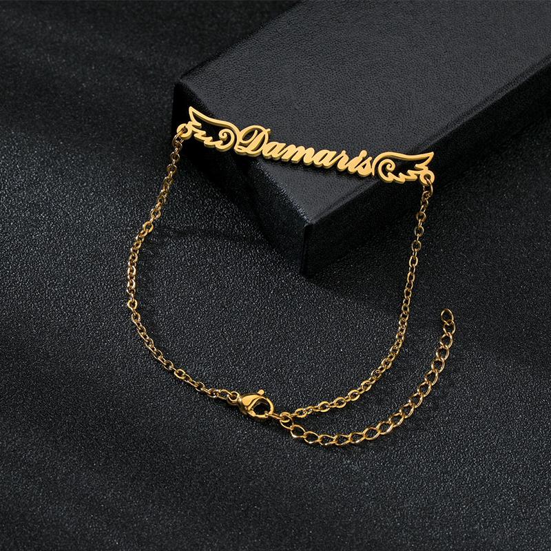 Браслет Goxijite с индивидуальным именем для женщин, персонализированные браслеты из нержавеющей стали с крыльями и цирконием для маленьких девочек, ювелирные изделия