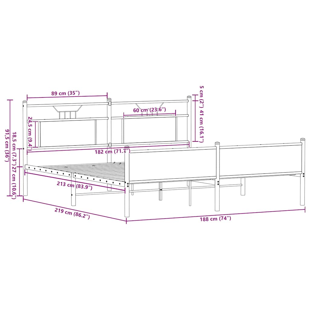 Metal Bed Frame without Mattress Smoked Oak Finish 183 x 213 cm
