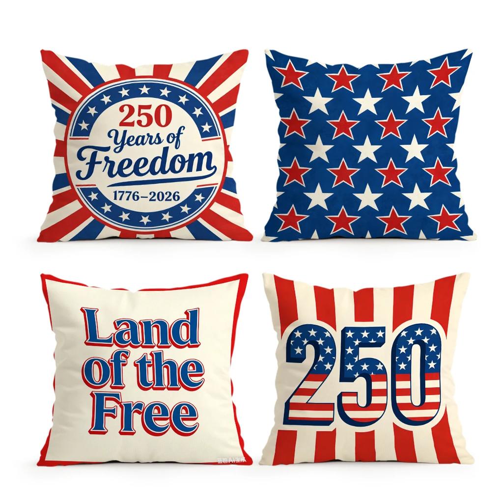 4Pcs 250Th Anniversary Retro Badge Stripe Star Print Single-Sided Cushion Cover For Living Room Bedroom Car Home Decor