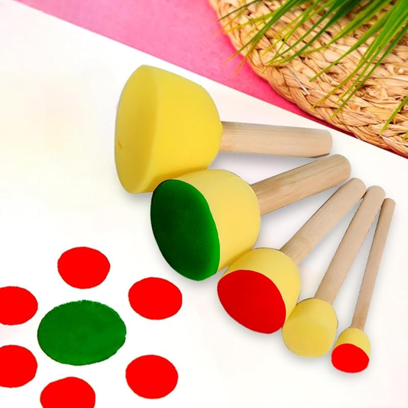 Eduway 5 Pcs Round Stencil Foam Sponge Dabber Set With Wooden Handle Brush Set For Art & Craft, Wall Paintings | Stipple