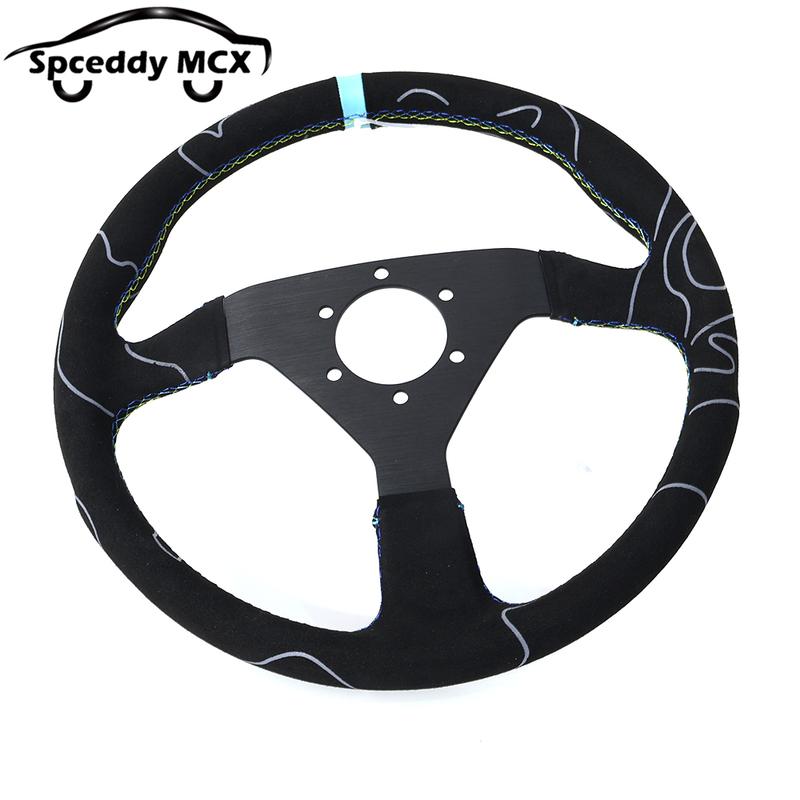 JDM Suede Leather Steering Wheel Drift Sport Pull Up Steering Wheel 14inch 350mm Flat V1