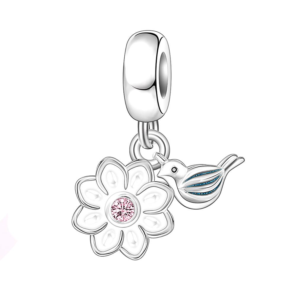 Новый подвеска из бусин с фламинго, подходит для оригинального браслета, ювелирные изделия, блестящие цветные циркониевые подвески с птицами, подарок S925, посеребренный