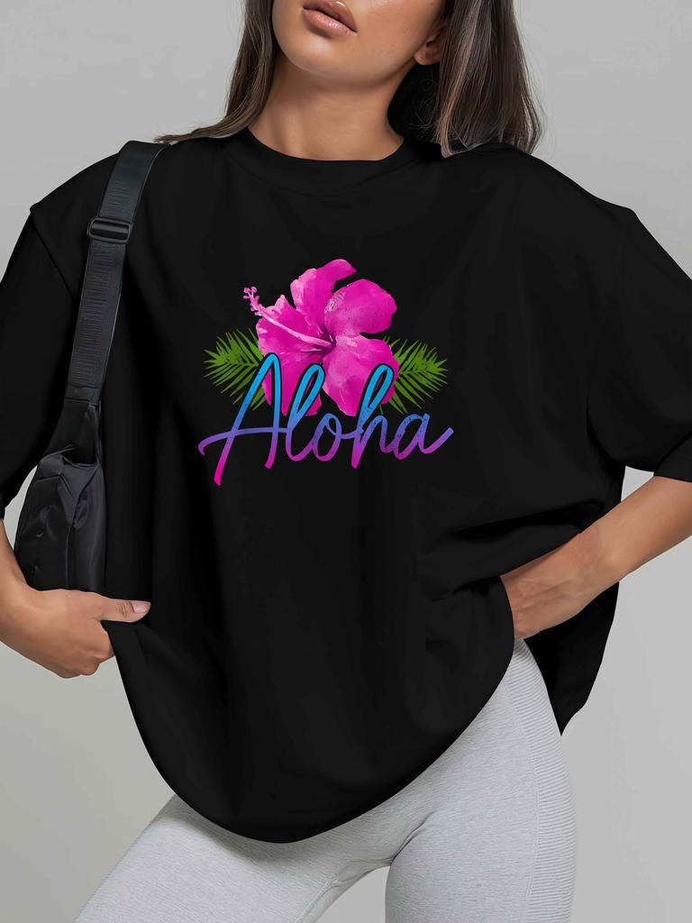 Plus Size - Plus Size - Aloha with Flower Plus Size Women'S Printed unisex T-Shirts, Spring And Summer Casual Short-Sleeved Crew Neck Tops, Women'S Pl
