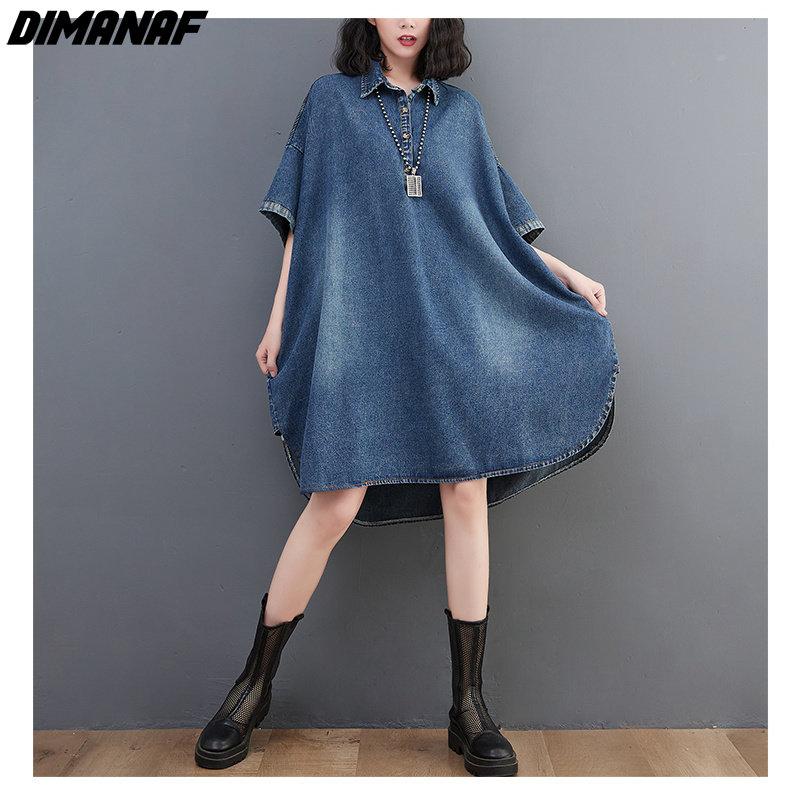 Dimanaf Women 2023 New Summer Dress Denim Dress Elegant Long Dress Short Sleeve Loose Dress Blue Basic Dresses