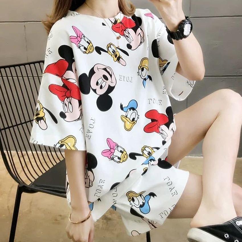 Женская одежда для сна, милый пижамный комплект с мультяшным принтом, летние футболки с короткими рукавами, шорты, одежда для сна