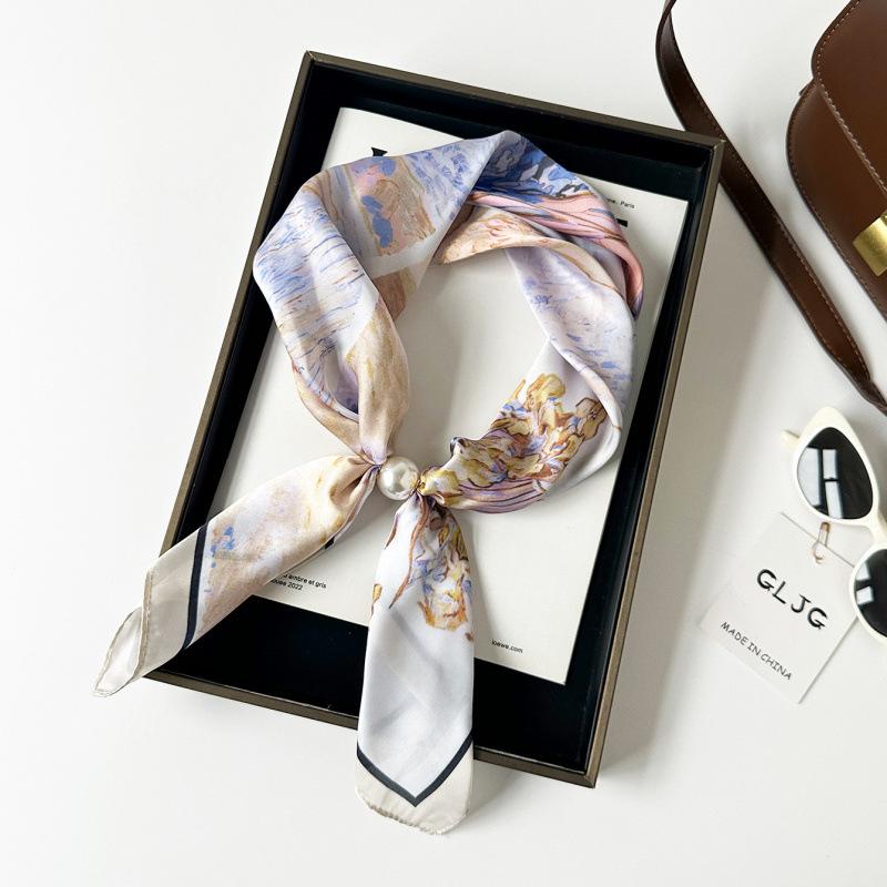Summer Fresh Flower Print Silk Scarf Silk Satin Magnetic Silk Scarf Lazy Silk Scarf Thin Women'S Scarf