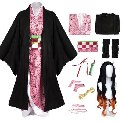Аниме Demon Slayer Kimetsu No Yaiba Kamado Nezuko Косплей Костюм Женское Кимоно Парик Хэллоуин Карнавальный Костюм Костюм
