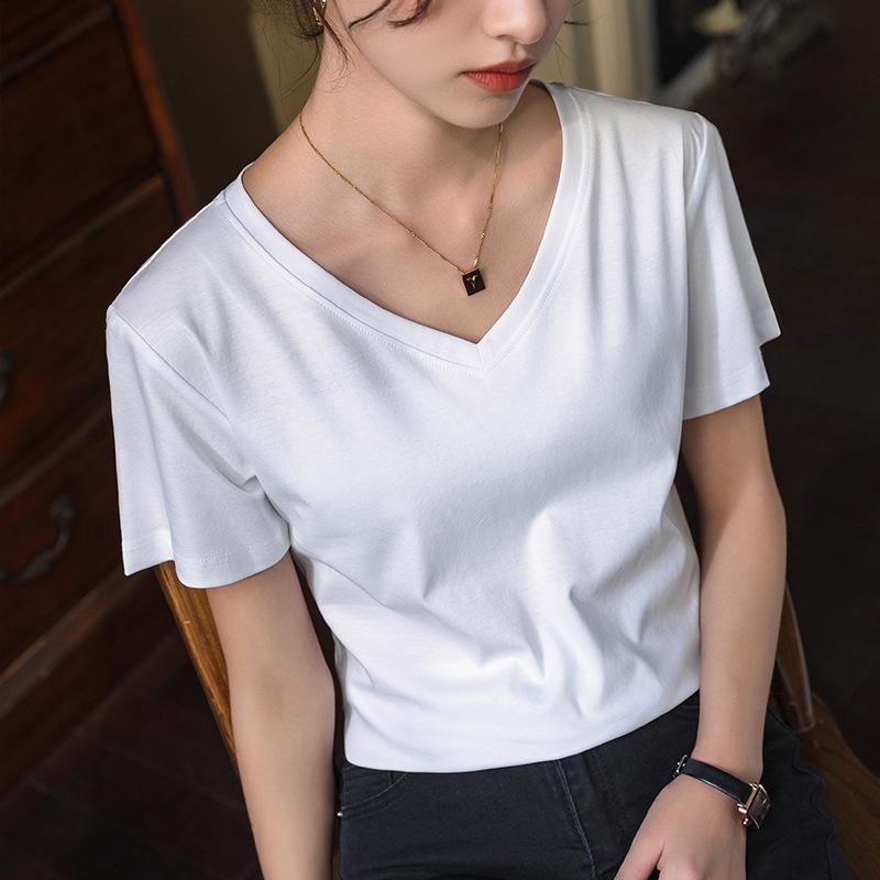 80 Двусторонняя футболка из мерсеризованного хлопка с короткими рукавами для женщин, новая женская футболка из чистого хлопка с V-образным вырезом, закрывающая живот