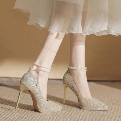 Новые женские свадебные туфли-лодочки с блестками и кристаллами, женские вечерние свадебные блестящие туфли на высоком каблуке, женские туфли на высоком каблуке с жемчужными цепочками