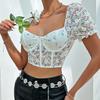 Casual V Neck LaceT Shirt  Mesh  Short Sleeve Crop Top Women Embroidered Flower T-shirt Casual  Tank Top Slim Female Crop Top Fashion Tee Shirt Y2k