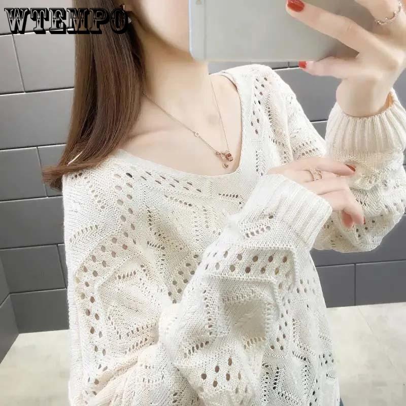 Hollow Knit Sweater Thin Women's Loose Pullover Sweet Outer Bottomed Blouse College Girl Style Hand Knitting