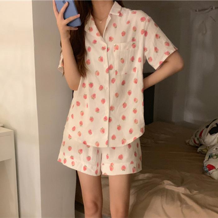 Pajama Set for Women In Summer, Cute Strawberry Print, Sweet Girly Korean Style Casual Design, Soft and Simple Pajamas for Women