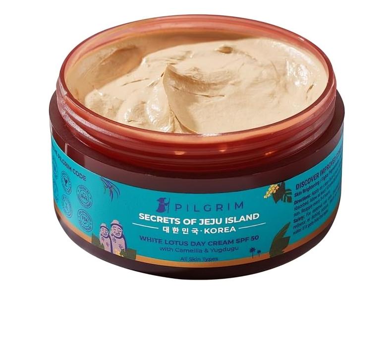 PILGRIM Корейский крем для лица с белым лотосом и SPF 50, крем для лица для сухой кожи, чувствительной кожи и жирной кожи, крем для ежедневного использования для женщин, 100 г
