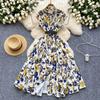 Women's Lapel Collar Vintage Midi Shirt Dress Summer Runway Pleated Short Sleeve Retro Jungle Print Belt Ladies Midi Dresses