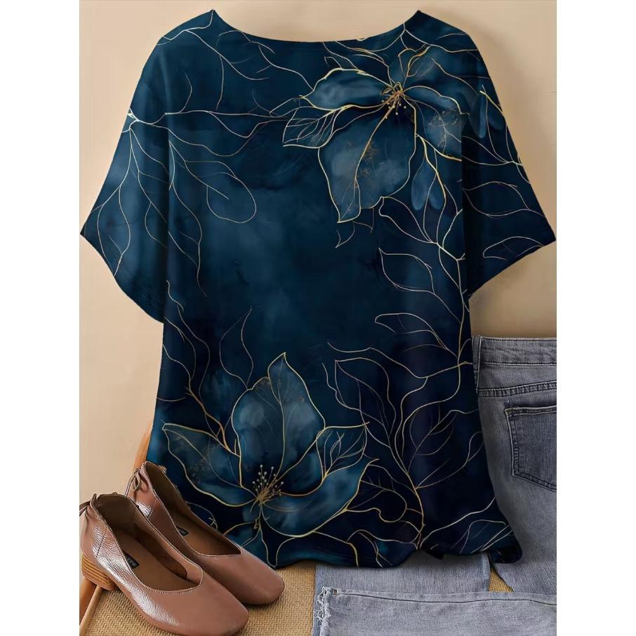 XL-7XL Plus Size Women's Casual 3D Print Loose Round Neck Short Sleeved T-shirt Top
