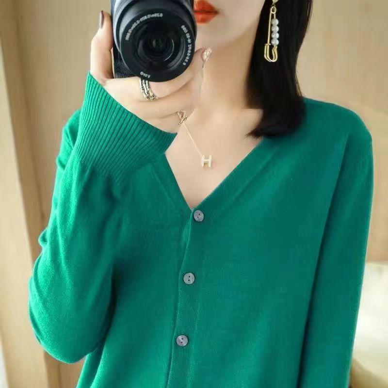 Women's V-Neck Knitted Cardigan Loose Slim Plus Size Sweater All-match Jacket Solid Color Basic Small Cardigans for Spring Autumn