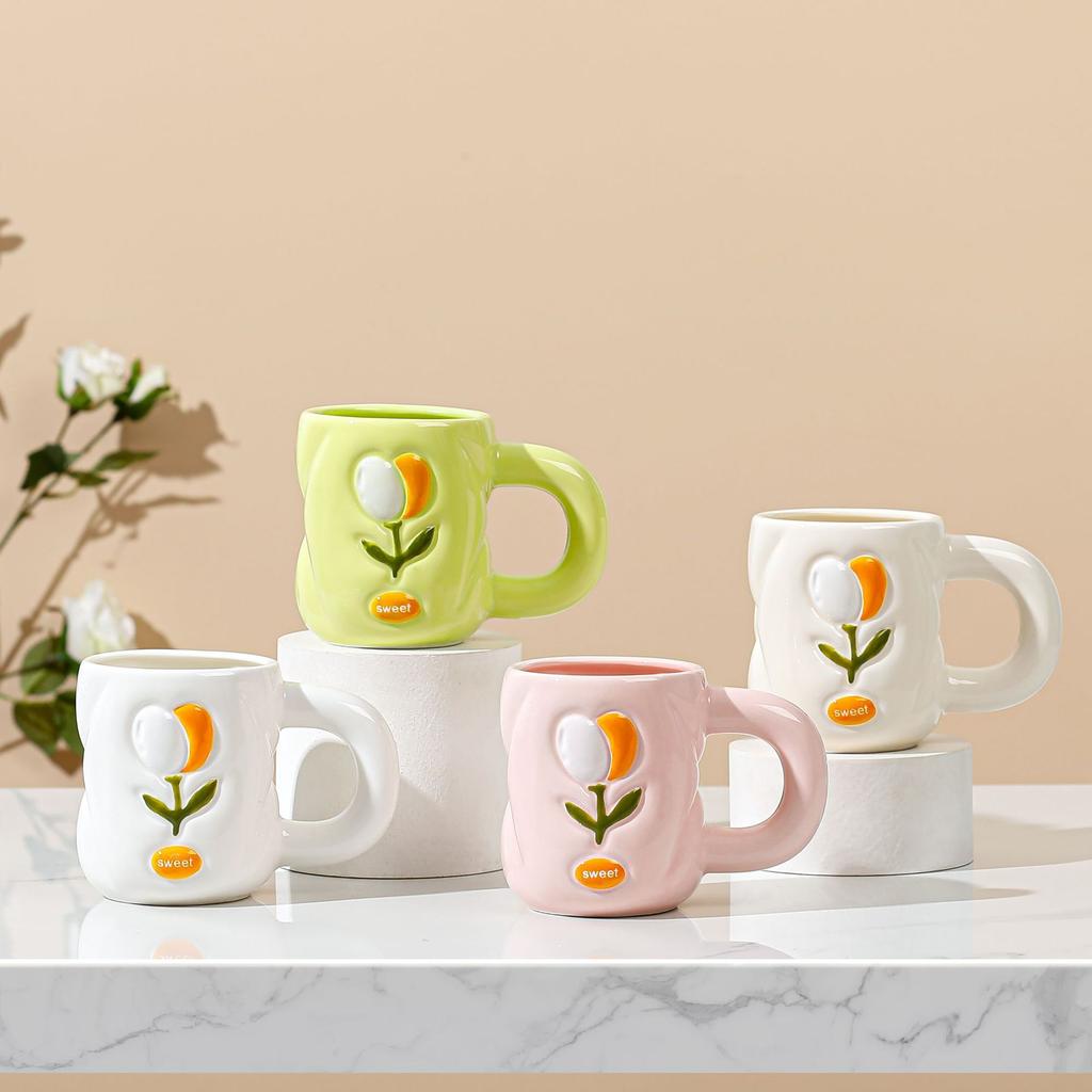 Small Fresh Small Flower Relief Three Dimensional Ceramic Cup for Girls' Office High Value Mug High Temperature Water Cup