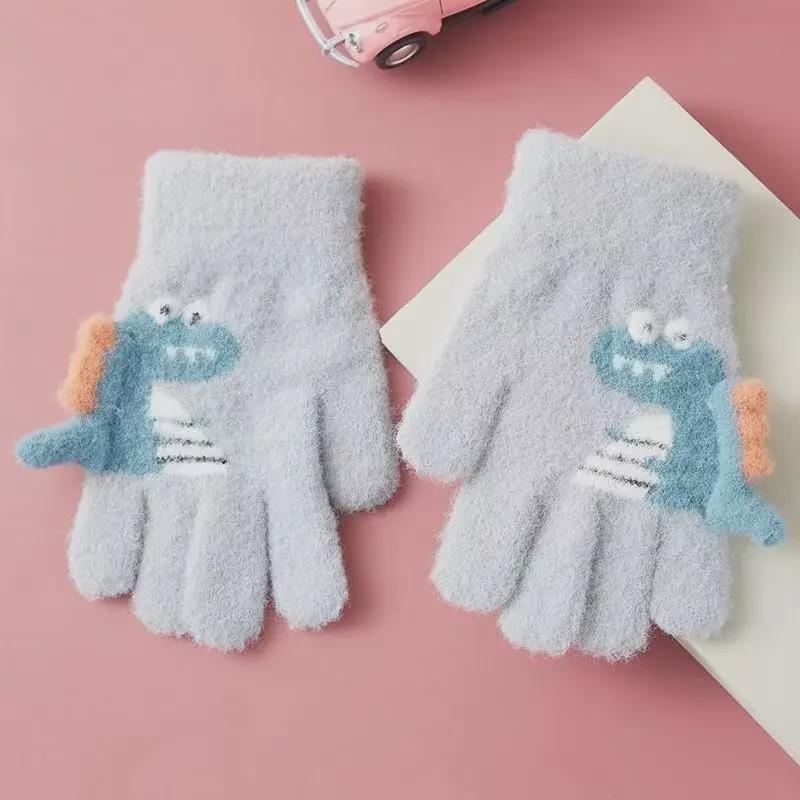 Детские перчатки Plus Velvet Dinosaur Gloves - теплые, с мультяшным мехом кролика для детей детского сада и начальной школы