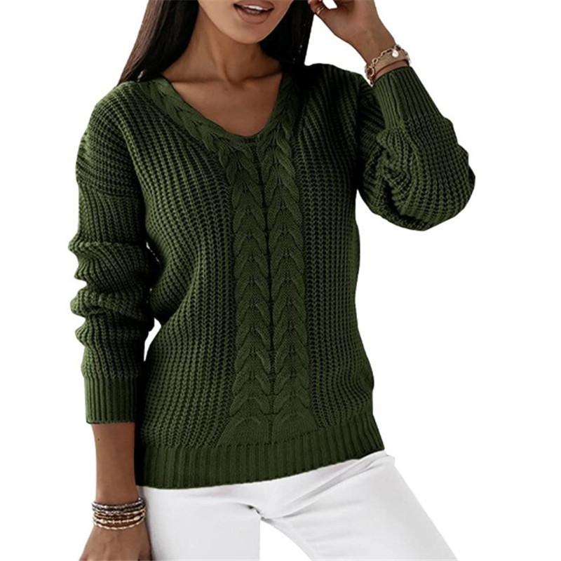 Women's Long Sleeved V Neck Solid Colour Cable Knit Casual Pullover Luxurious Relaxed-fit Slimming and Versatile Top