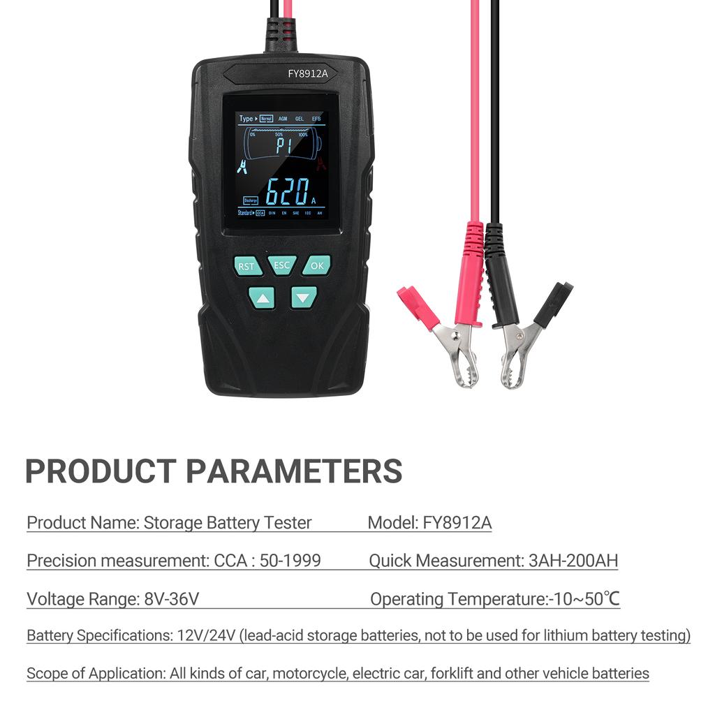 FY8912A Car Battery Tester 12V24V, 50-1999 CCA Automotive Alternator Diagnostic Tool, Digital Auto