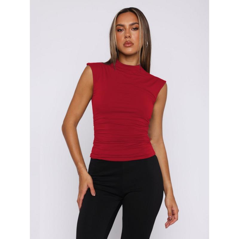 Женский летний однотонный плиссированный тонкий топ без рукавов с полувысоким воротом и простым комфортом