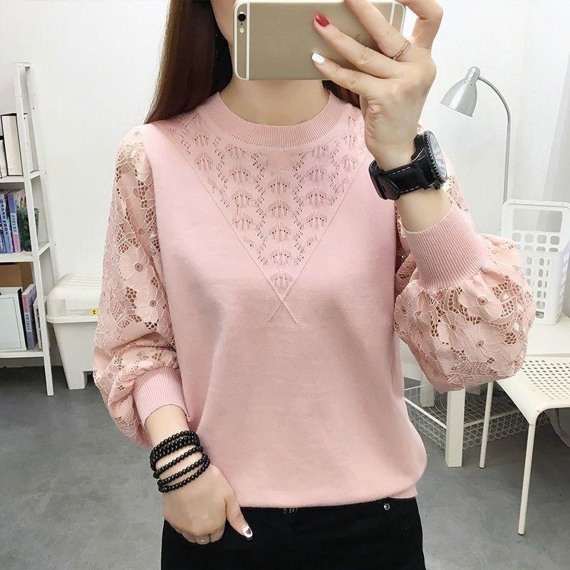 Pullover 2023 Spring and Autumn Underlay Sweater Women Lace Long Sleeve Spliced Round Neck Hollow Loose Sweater Pullover Top