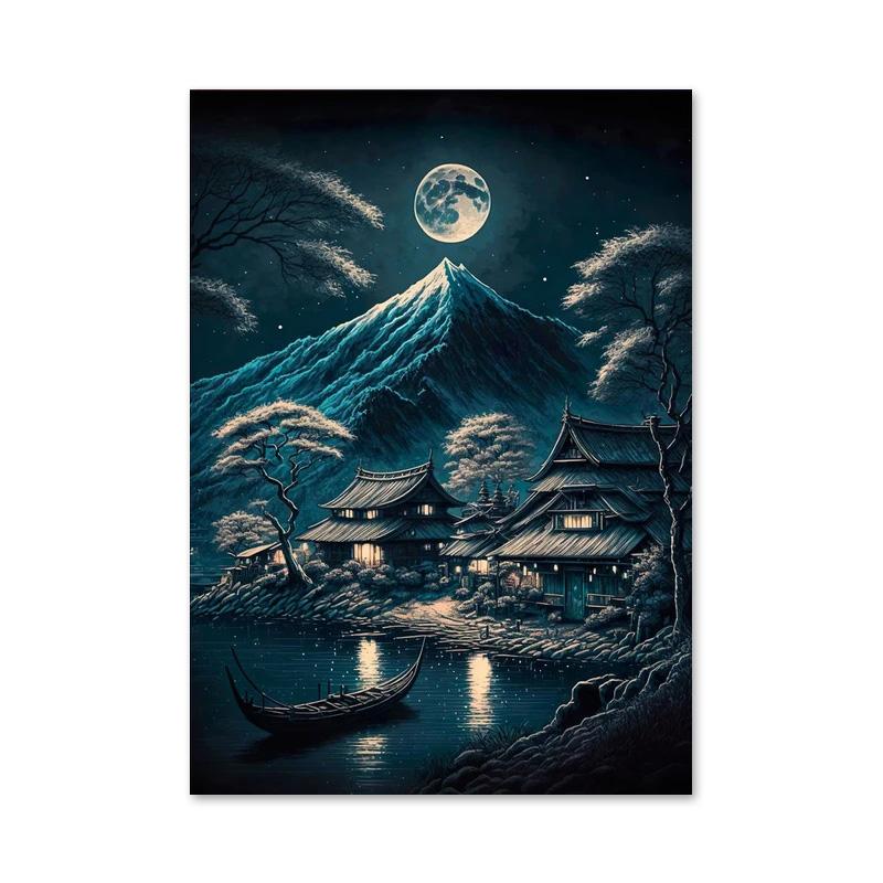 Ретро Фэнтези Япония Дом Деревенский Пейзаж Плакаты и принты Холст Картины Озеро Сакуры Настенное Искусство Для Гостиной Домашний Декор