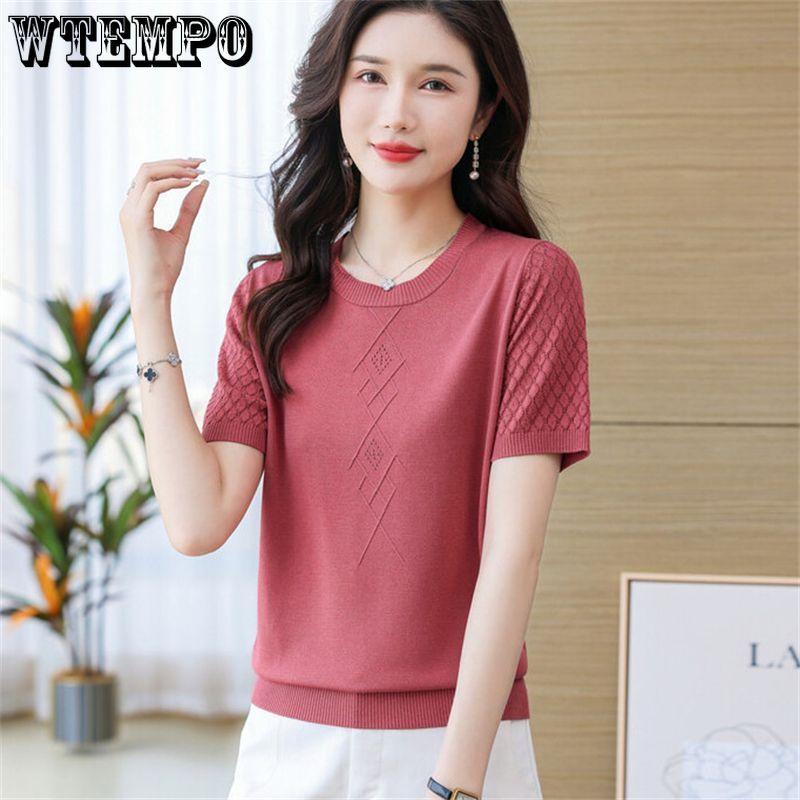 Женская летняя тонкая однотонная трикотажная футболка Hollow Ice Silk с коротким рукавом, новый модный топ с круглым вырезом